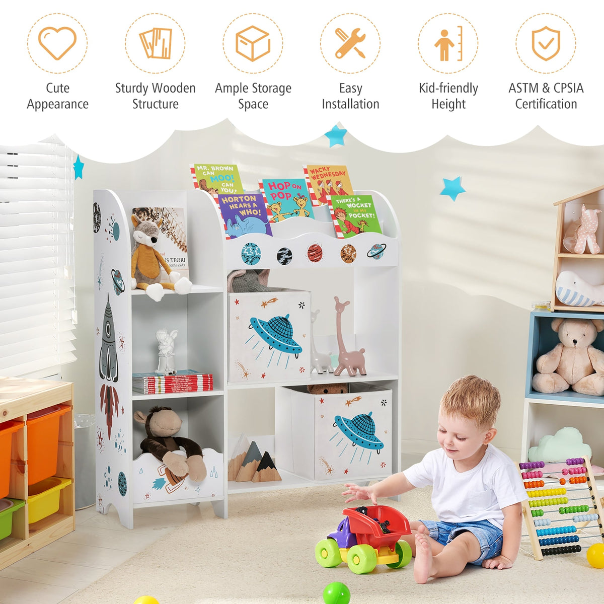 Kids Toy and Book Organizer Children Wooden Storage Cabinet with Storage Bins-Kids Storage-DECOROLALA