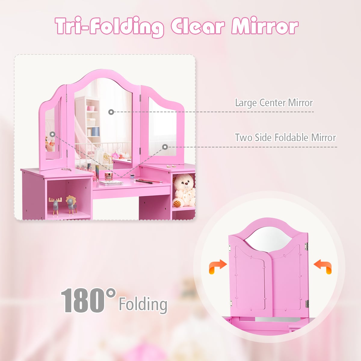 Kids Tri Folding Mirror Makeup Dressing Vanity Table Set-Pink-Kids Makeup Vanities-DECOROLALA