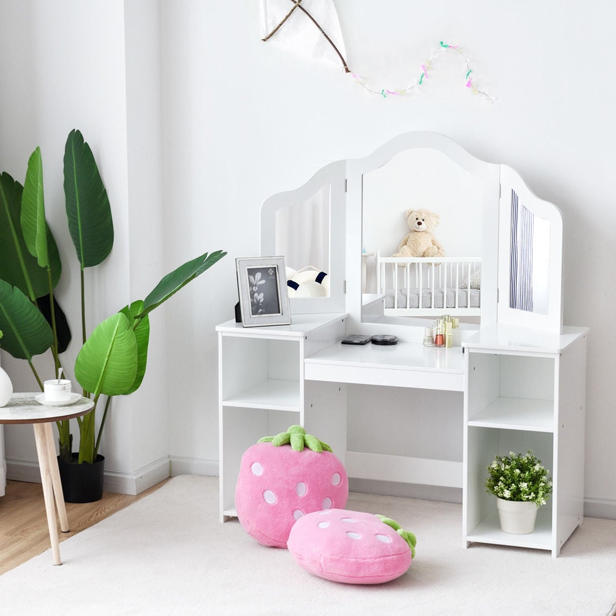 Kids Tri Folding Mirror Makeup Dressing Vanity Table Set-White-Kids Vanities-DECOROLALA