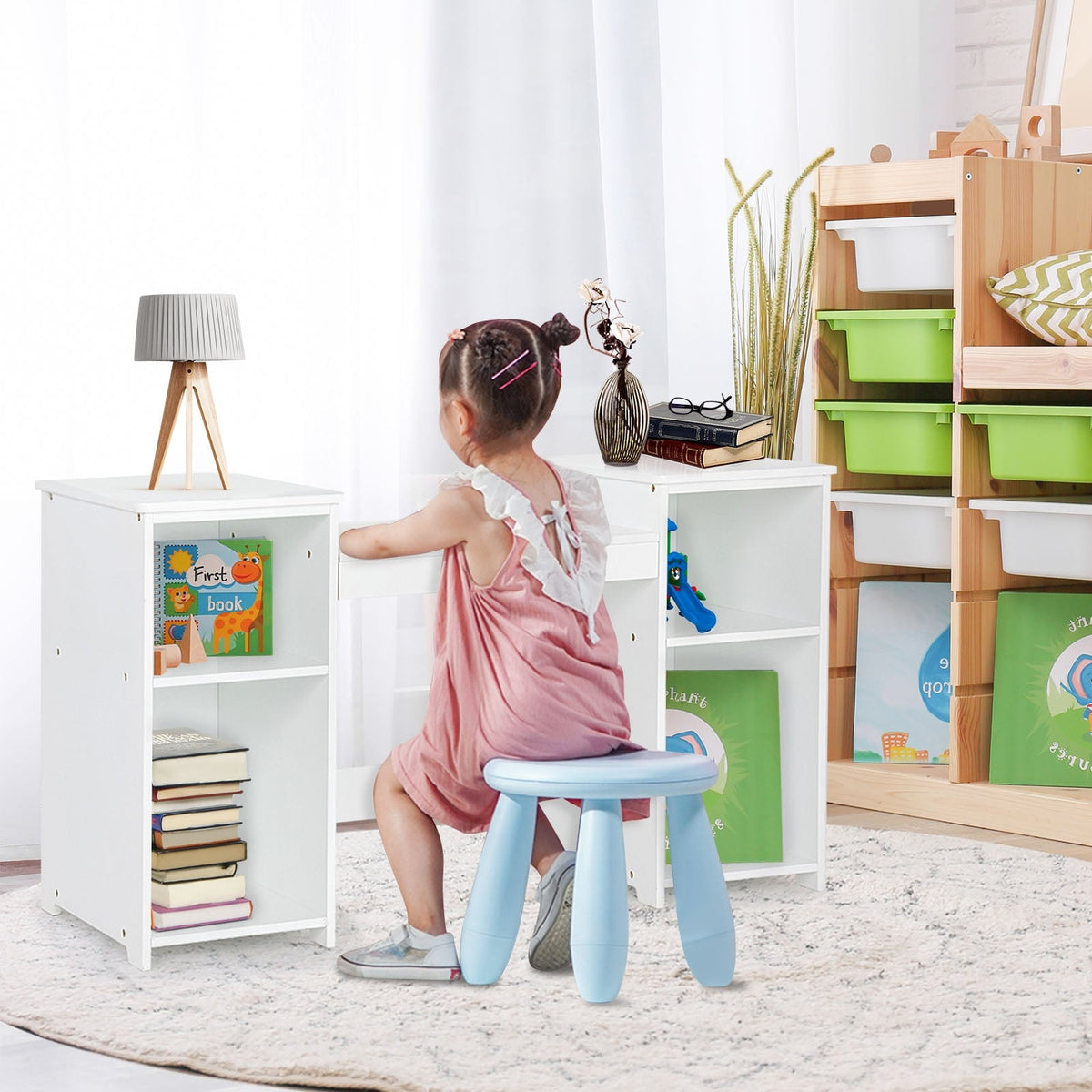 Kids Tri Folding Mirror Makeup Dressing Vanity Table Set-White-Kids Vanities-DECOROLALA