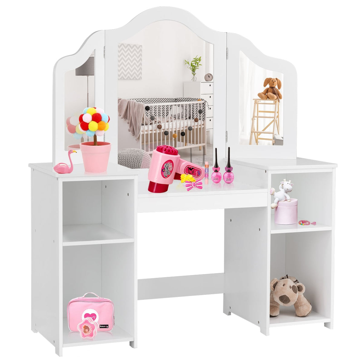 Kids Tri Folding Mirror Makeup Dressing Vanity Table Set-White-Kids Vanities-DECOROLALA
