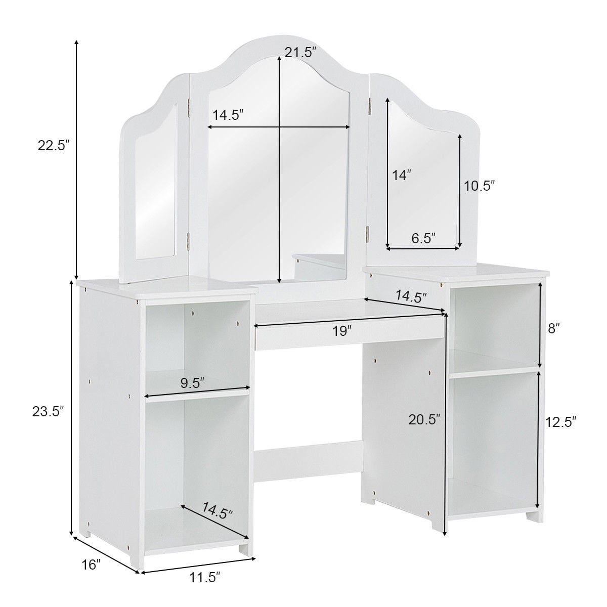 Kids Tri Folding Mirror Makeup Dressing Vanity Table Set-White-Kids Vanities-DECOROLALA