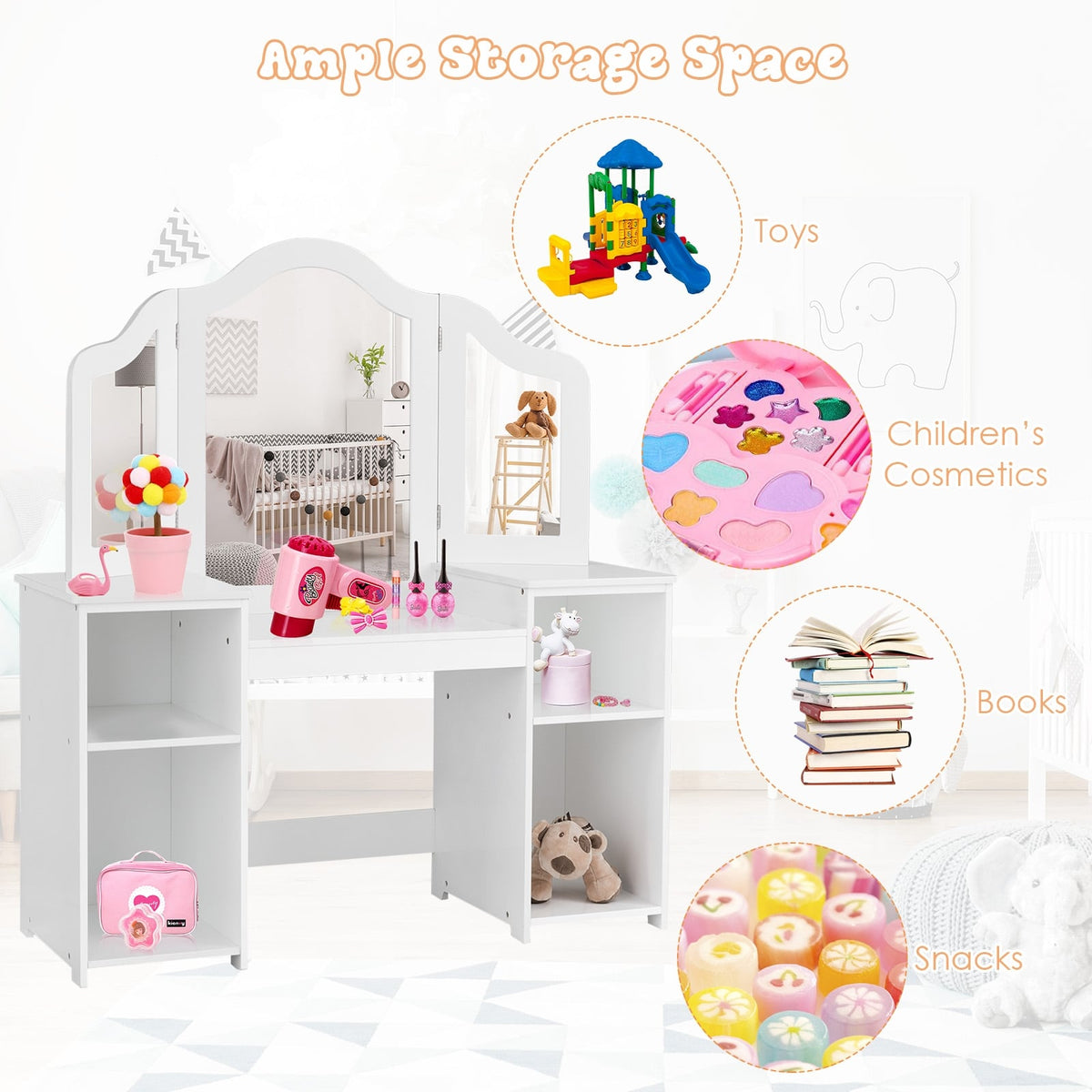 Kids Tri Folding Mirror Makeup Dressing Vanity Table Set-White-Kids Vanities-DECOROLALA