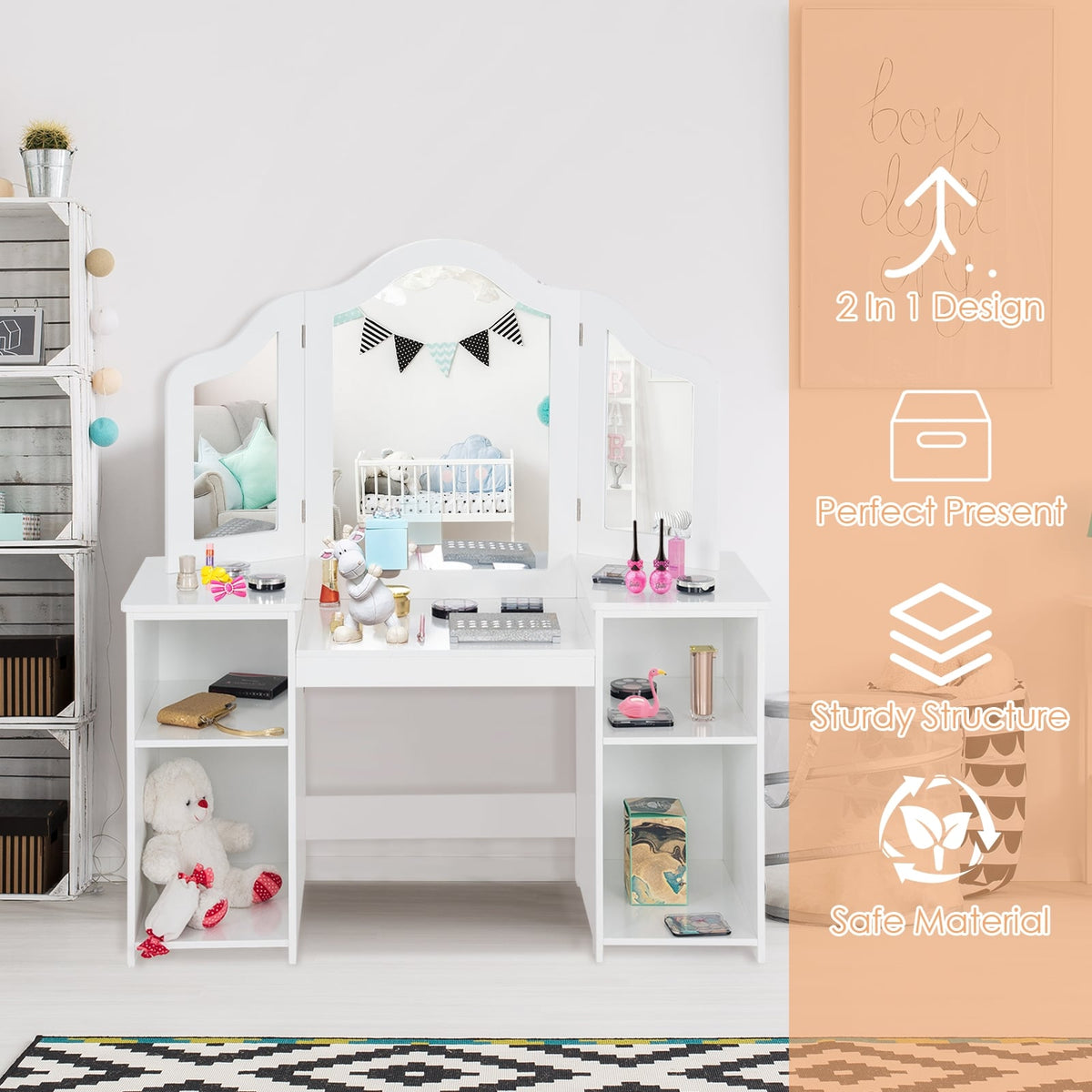 Kids Tri Folding Mirror Makeup Dressing Vanity Table Set-White-Kids Vanities-DECOROLALA