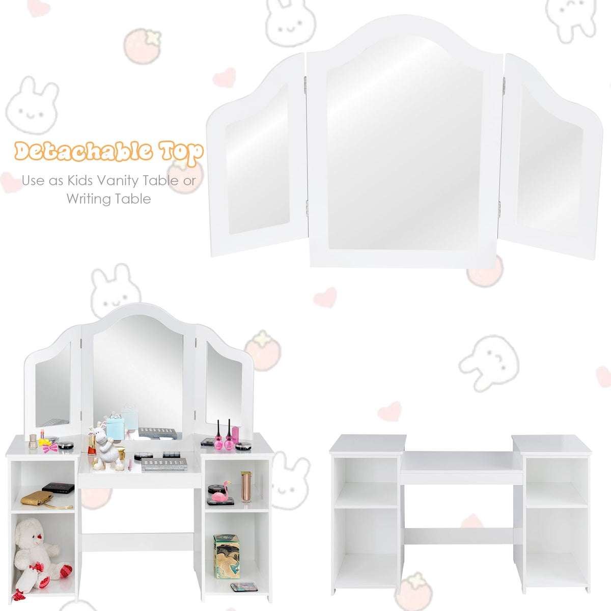 Kids Tri Folding Mirror Makeup Dressing Vanity Table Set-White-Kids Vanities-DECOROLALA