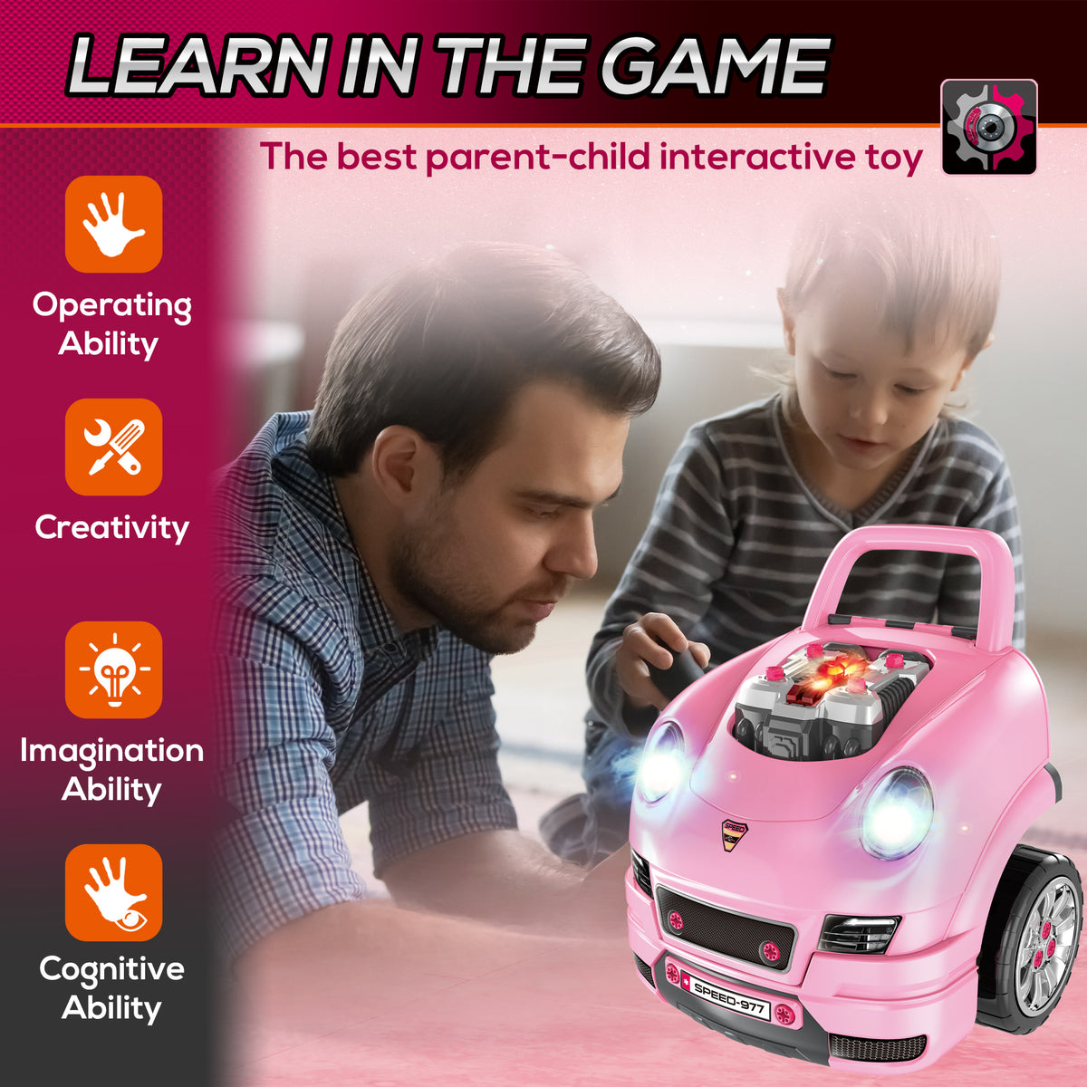 Mechanic Kids Truck Engine Toy Set, Car Service Play Set, Pink-Toys & Games > Baby & Toddler Toys > Toy Playsets > Workbench Toy Sets-DECOROLALA