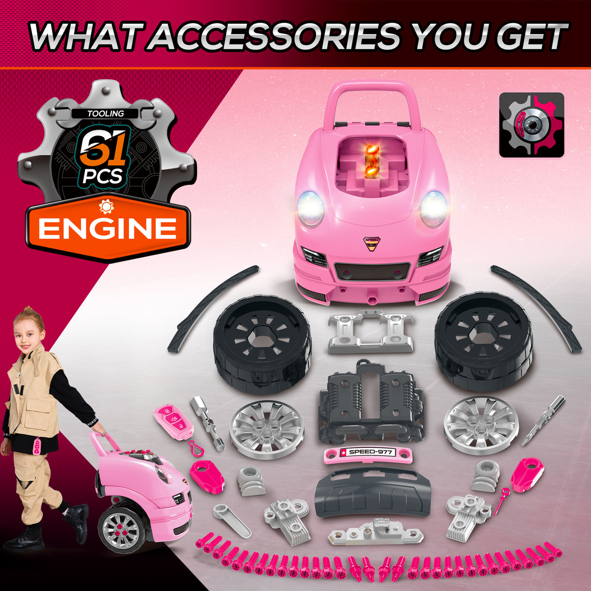 Mechanic Kids Truck Engine Toy Set, Car Service Play Set, Pink-Toys & Games > Baby & Toddler Toys > Toy Playsets > Workbench Toy Sets-DECOROLALA