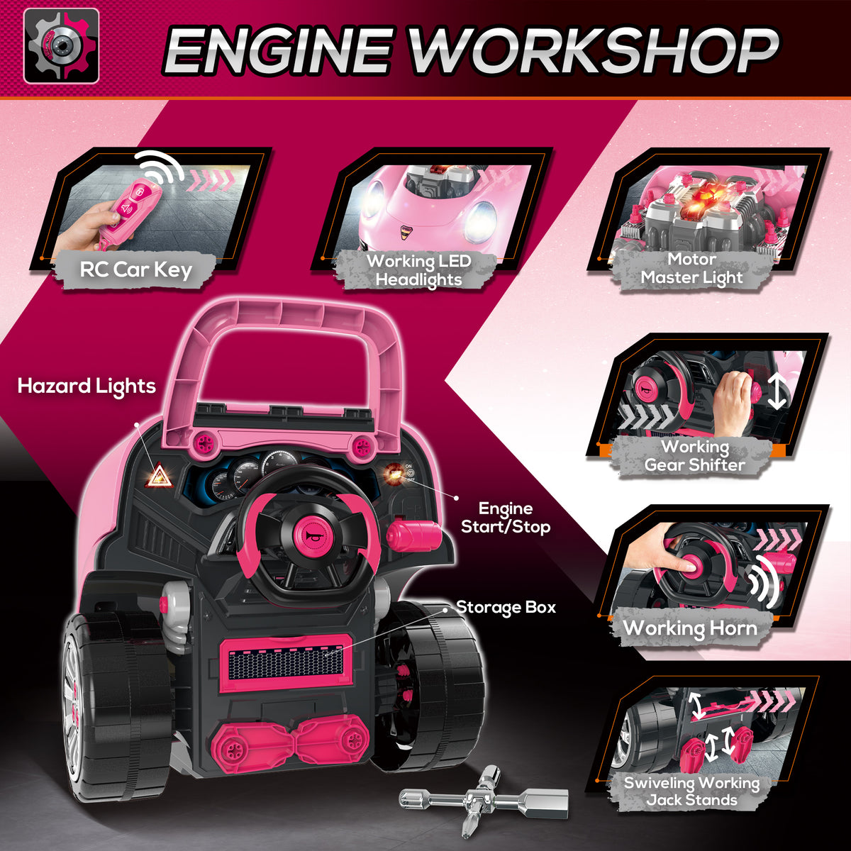 Mechanic Kids Truck Engine Toy Set, Car Service Play Set, Pink-Toys & Games > Baby & Toddler Toys > Toy Playsets > Workbench Toy Sets-DECOROLALA