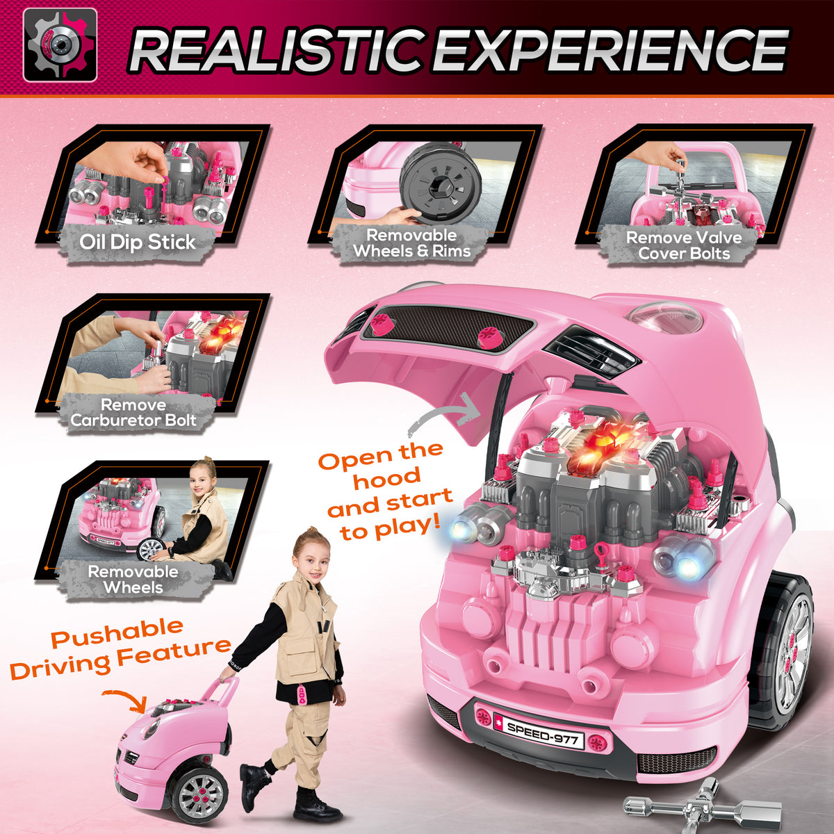 Mechanic Kids Truck Engine Toy Set, Car Service Play Set, Pink-Toys & Games > Baby & Toddler Toys > Toy Playsets > Workbench Toy Sets-DECOROLALA