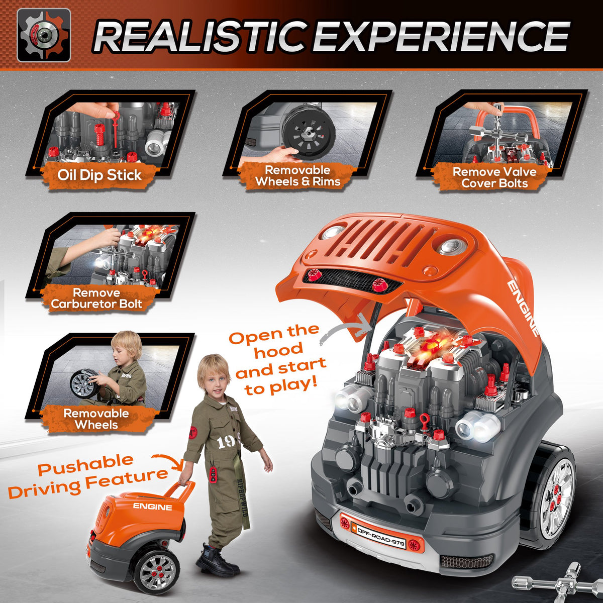 Kids Truck Engine Toys, Kids Mechanic Workshop Set with Light, Sounds, Steering Wheel and Horn for Boys Girls 3 4 5 Years Old Pretend Play, Orange-Toys & Games > Baby & Toddler Toys > Toy Playsets > Workbench Toy Sets-DECOROLALA