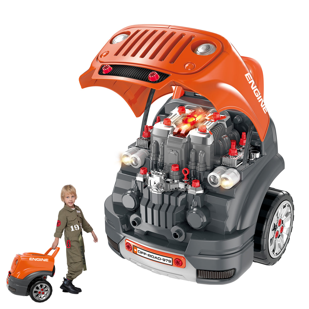 Kids Truck Engine Toys, Kids Mechanic Workshop Set with Light, Sounds, Steering Wheel and Horn for Boys Girls 3 4 5 Years Old Pretend Play, Orange-Toys & Games > Baby & Toddler Toys > Toy Playsets > Workbench Toy Sets-DECOROLALA