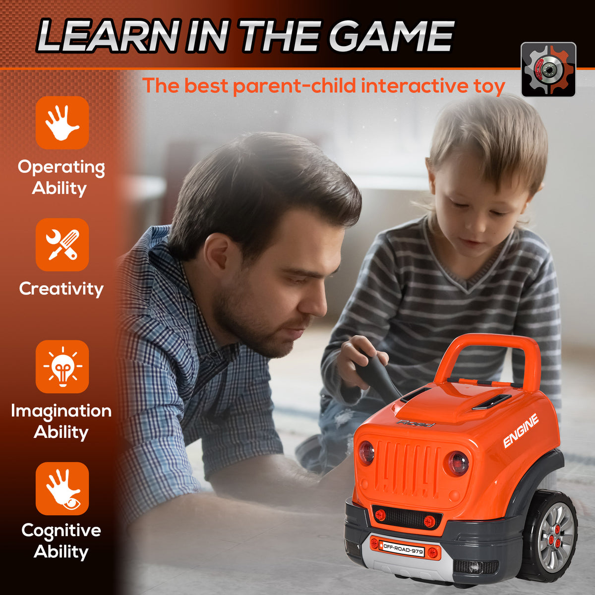 Kids Truck Engine Toys, Kids Mechanic Workshop Set with Light, Sounds, Steering Wheel and Horn for Boys Girls 3 4 5 Years Old Pretend Play, Orange-Toys & Games > Baby & Toddler Toys > Toy Playsets > Workbench Toy Sets-DECOROLALA