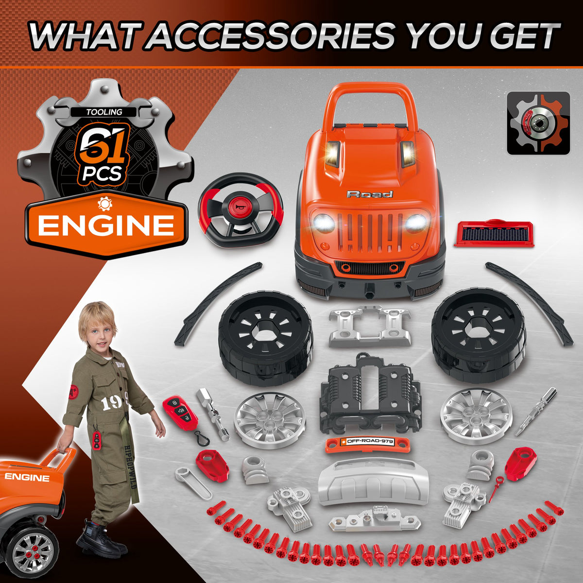 Kids Truck Engine Toys, Kids Mechanic Workshop Set with Light, Sounds, Steering Wheel and Horn for Boys Girls 3 4 5 Years Old Pretend Play, Orange-Toys & Games > Baby & Toddler Toys > Toy Playsets > Workbench Toy Sets-DECOROLALA