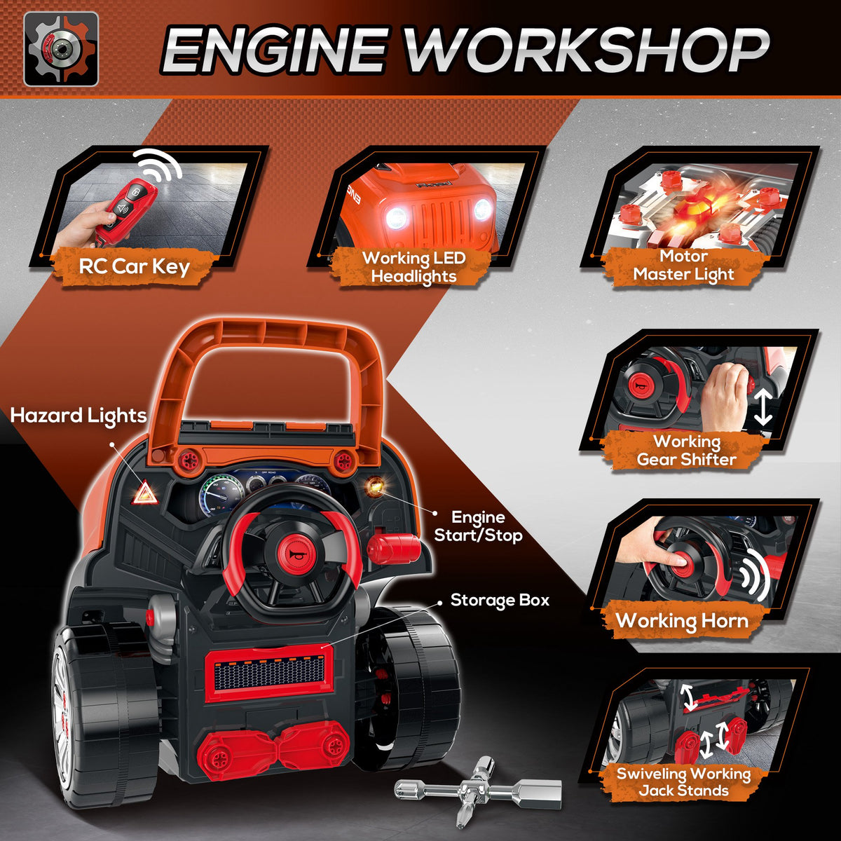 Kids Truck Engine Toys, Kids Mechanic Workshop Set with Light, Sounds, Steering Wheel and Horn for Boys Girls 3 4 5 Years Old Pretend Play, Orange-Toys & Games > Baby & Toddler Toys > Toy Playsets > Workbench Toy Sets-DECOROLALA