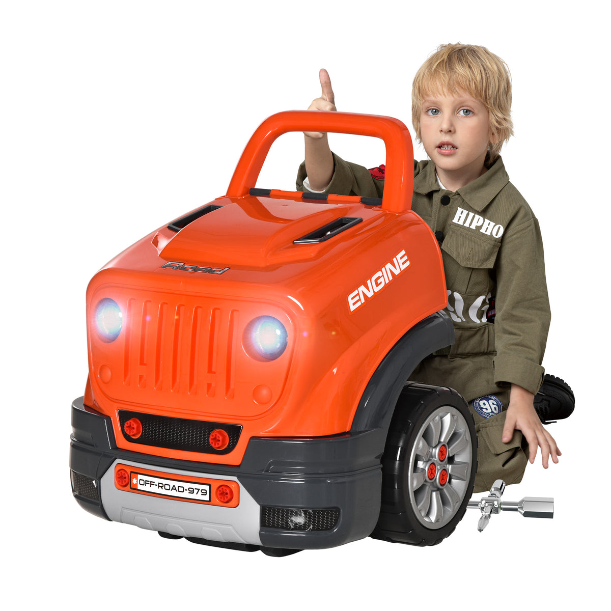 Kids Truck Engine Toys, Kids Mechanic Workshop Set with Light, Sounds, Steering Wheel and Horn for Boys Girls 3 4 5 Years Old Pretend Play, Orange-Toys & Games > Baby & Toddler Toys > Toy Playsets > Workbench Toy Sets-DECOROLALA