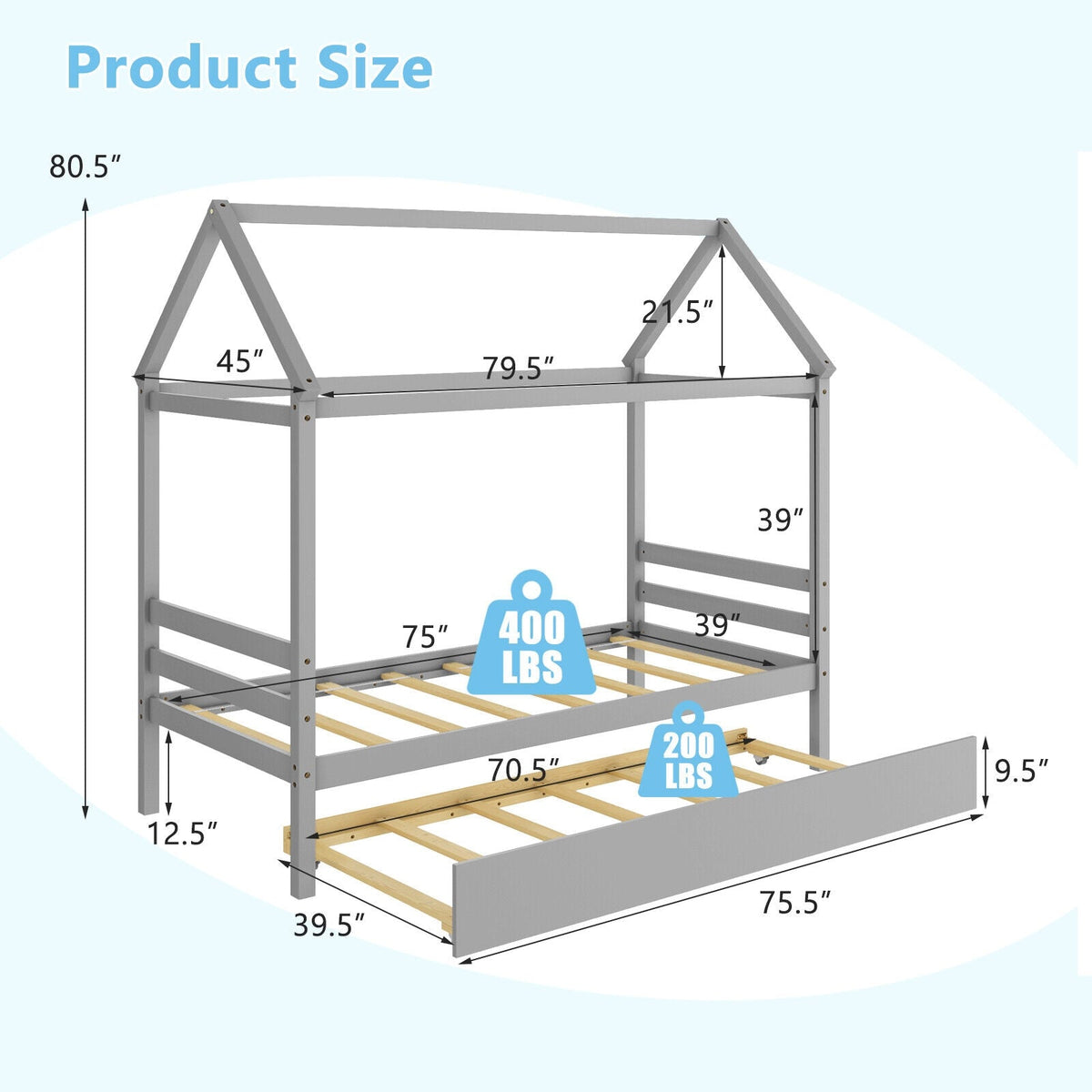 Kids Platform Bed Frame with Roof for Bedroom-Trundle Bed Frame-DECOROLALA