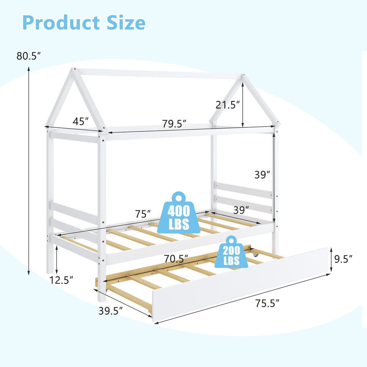 Kids Platform Bed Frame with Roof for Bedroom-Trundle Bed Frame-DECOROLALA