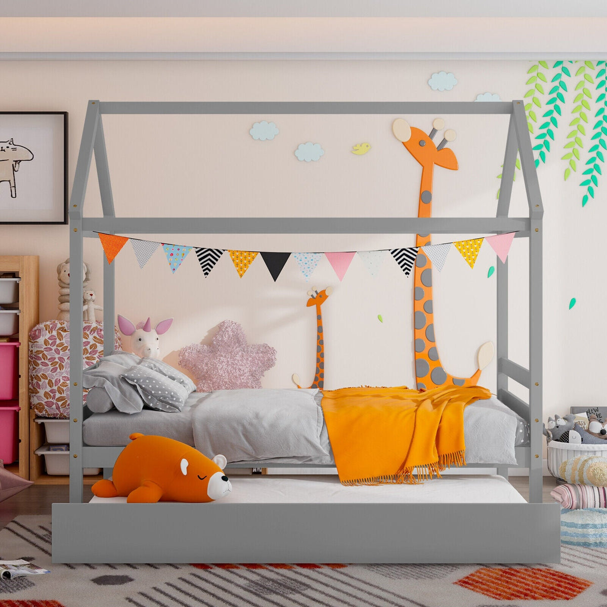 Kids Platform Bed Frame with Roof for Bedroom-Trundle Bed Frame-DECOROLALA