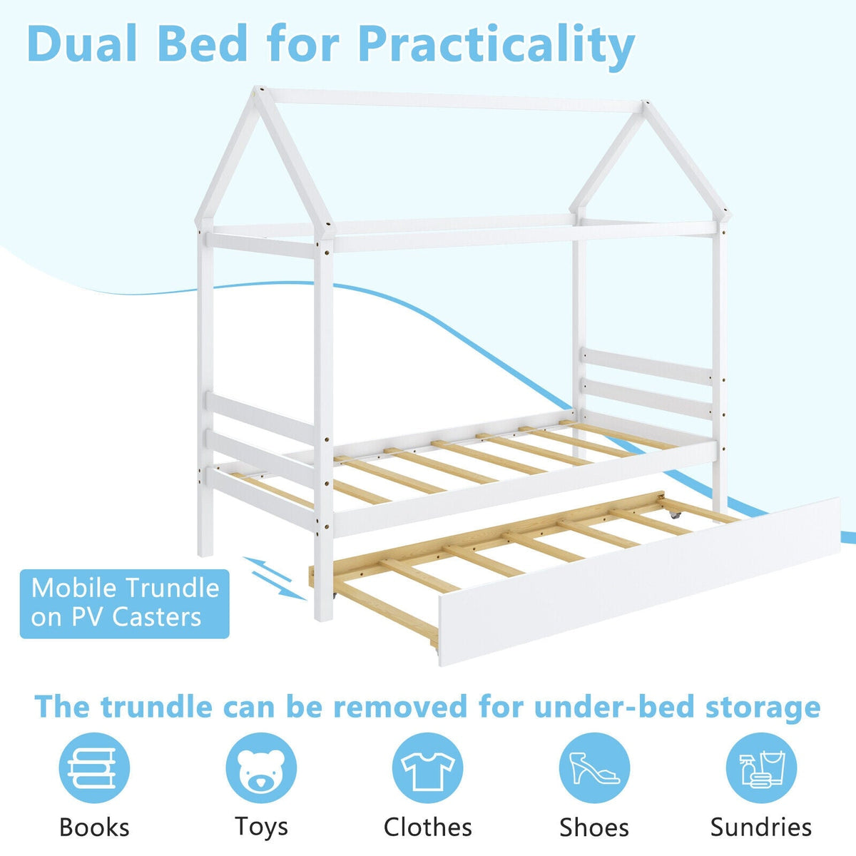 Kids Platform Bed Frame with Roof for Bedroom-Trundle Bed Frame-DECOROLALA