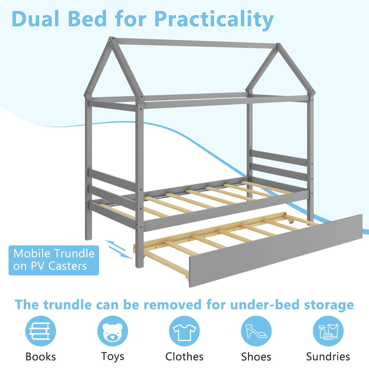Kids Platform Bed Frame with Roof for Bedroom-Trundle Bed Frame-DECOROLALA