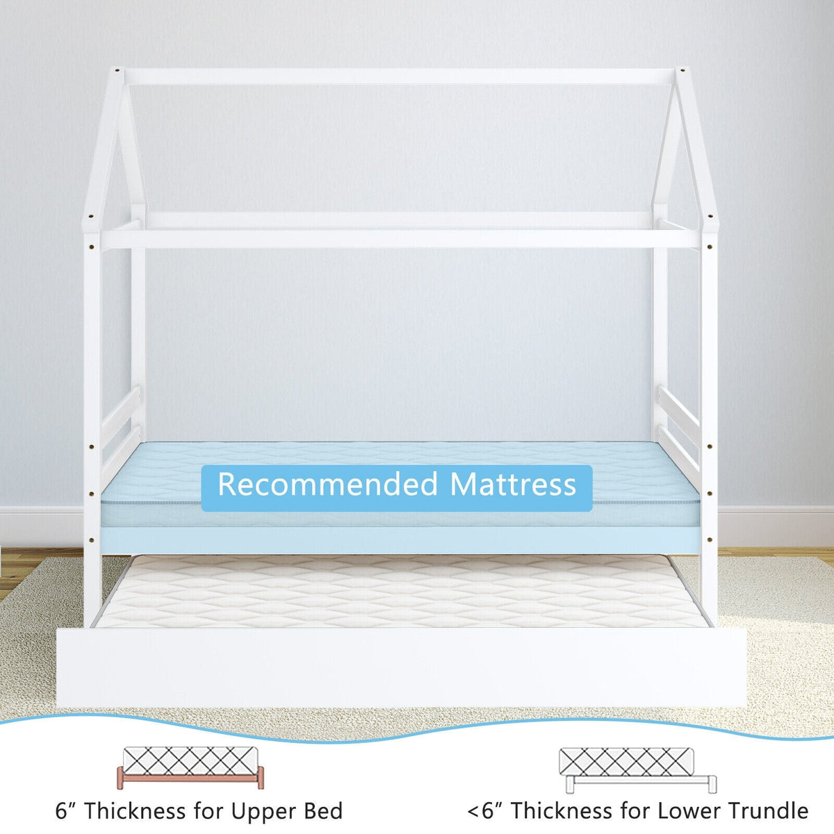 Kids Platform Bed Frame with Roof for Bedroom-Trundle Bed Frame-DECOROLALA