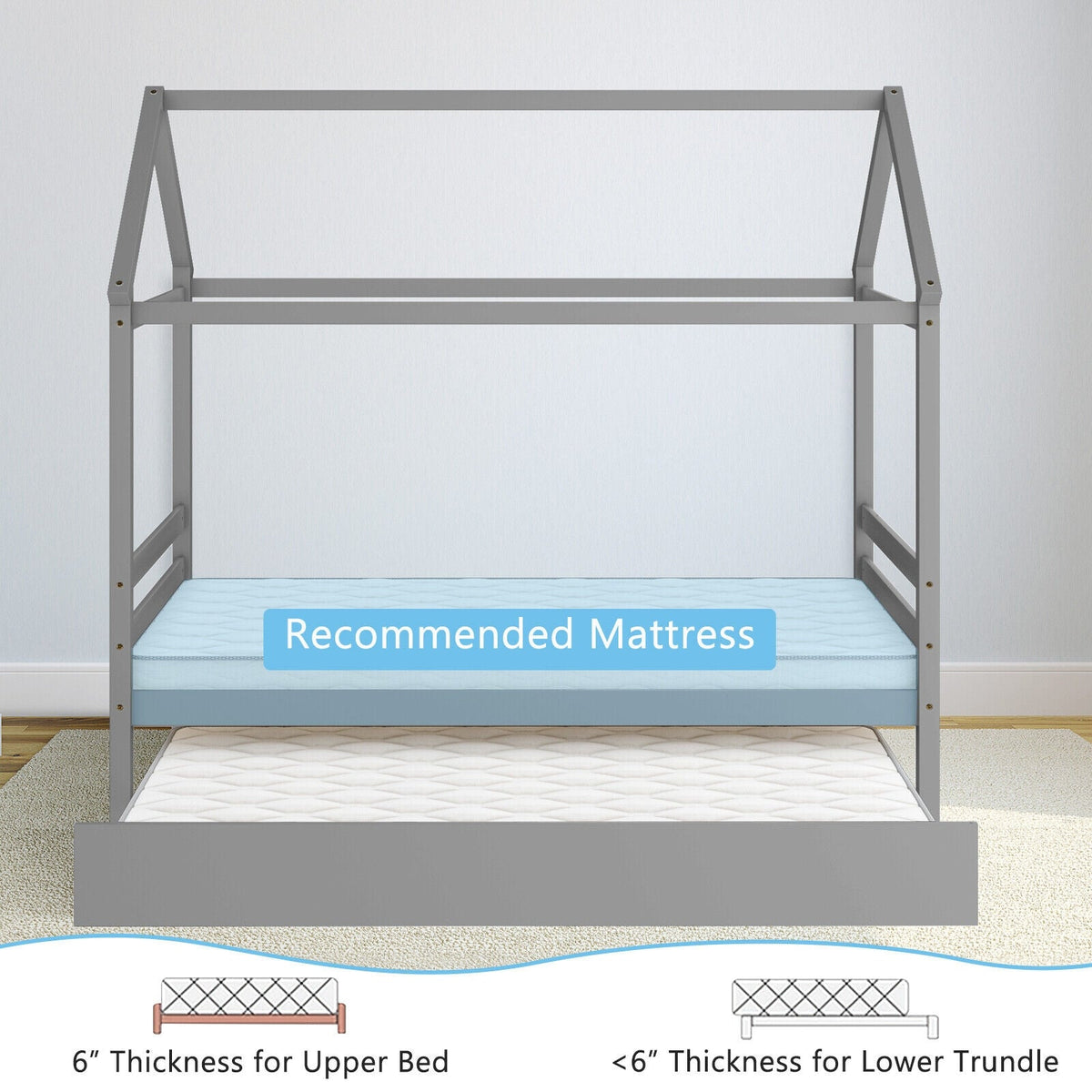 Kids Platform Bed Frame with Roof for Bedroom-Trundle Bed Frame-DECOROLALA