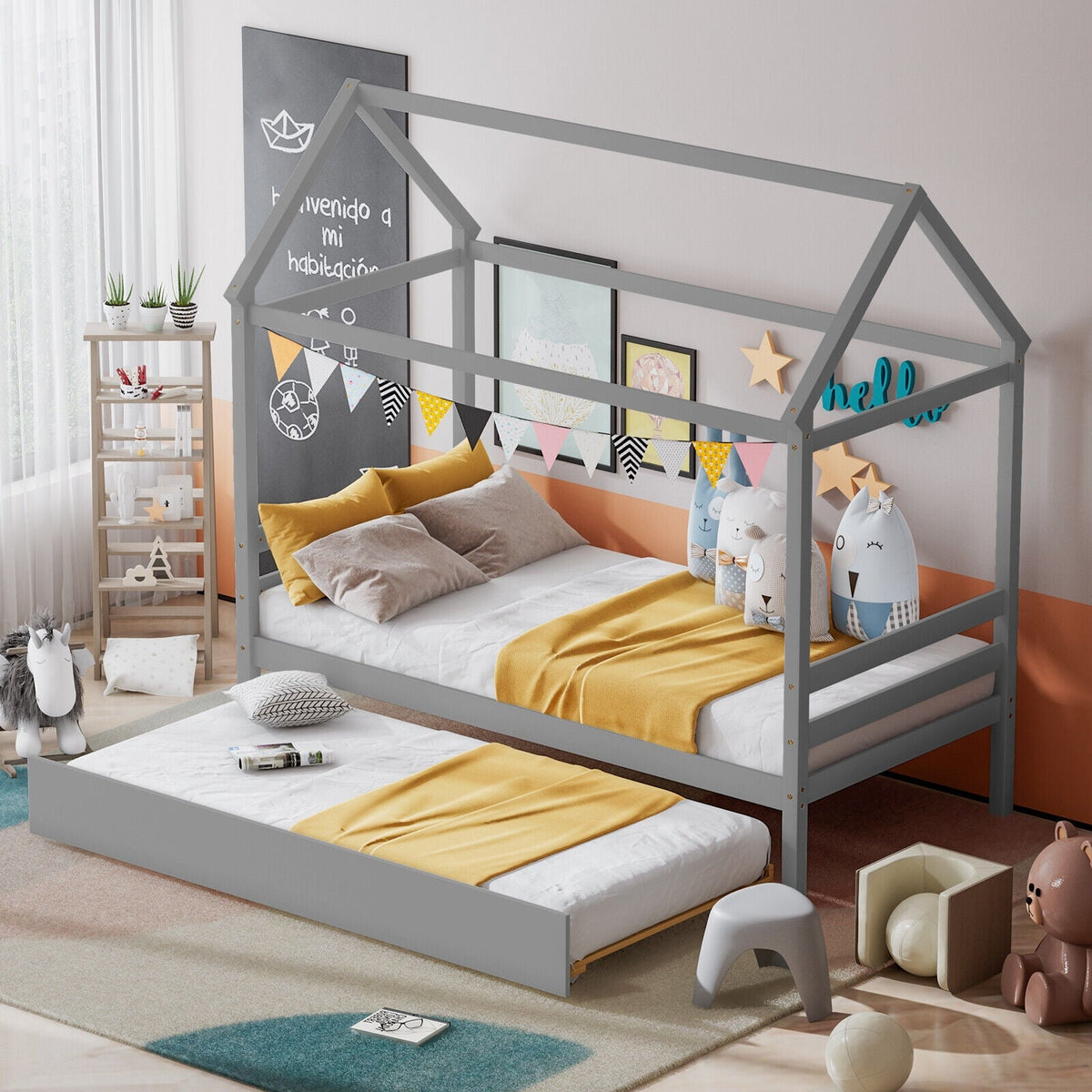 Kids Platform Bed Frame with Roof for Bedroom-Trundle Bed Frame-DECOROLALA