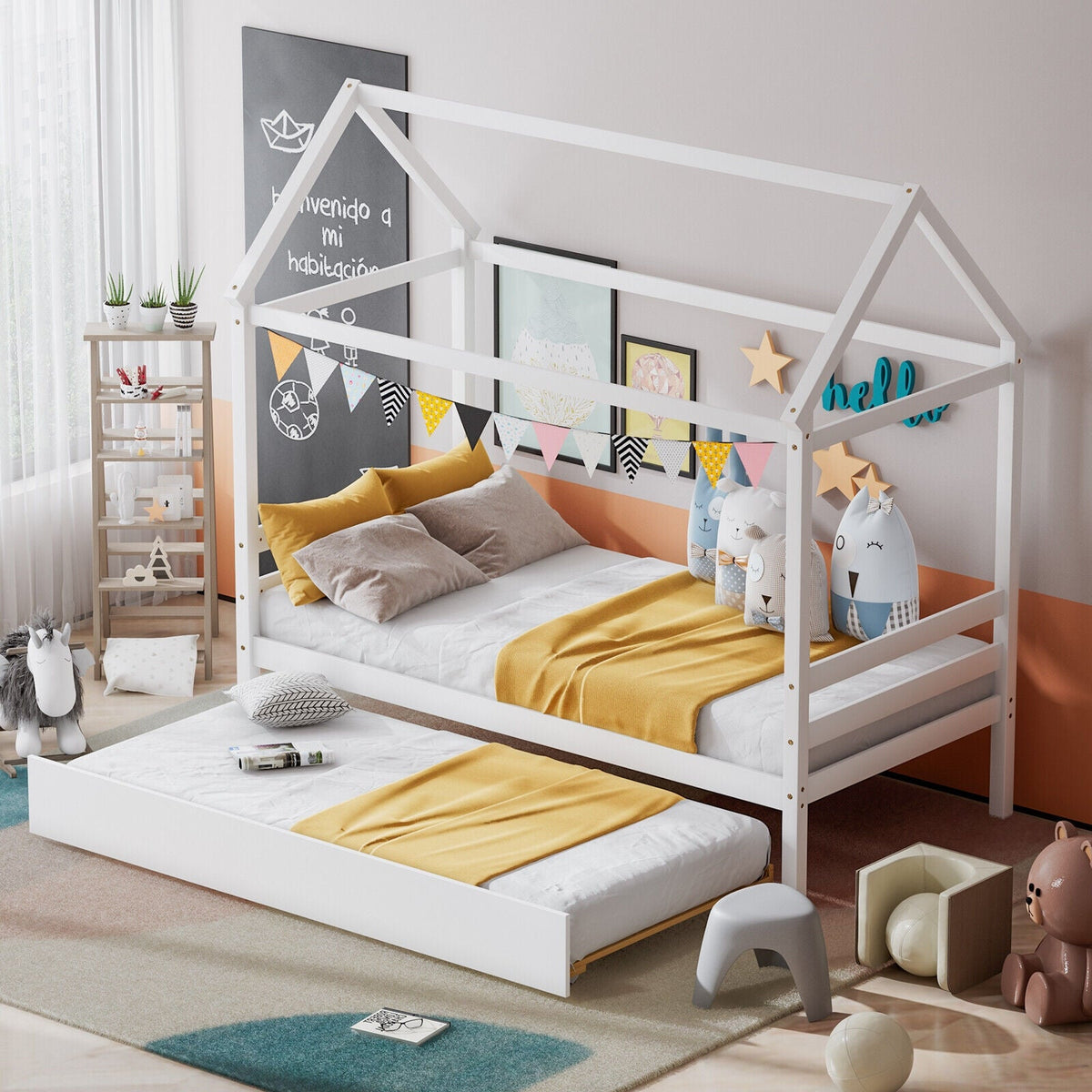 Kids Platform Bed Frame with Roof for Bedroom-Trundle Bed Frame-DECOROLALA
