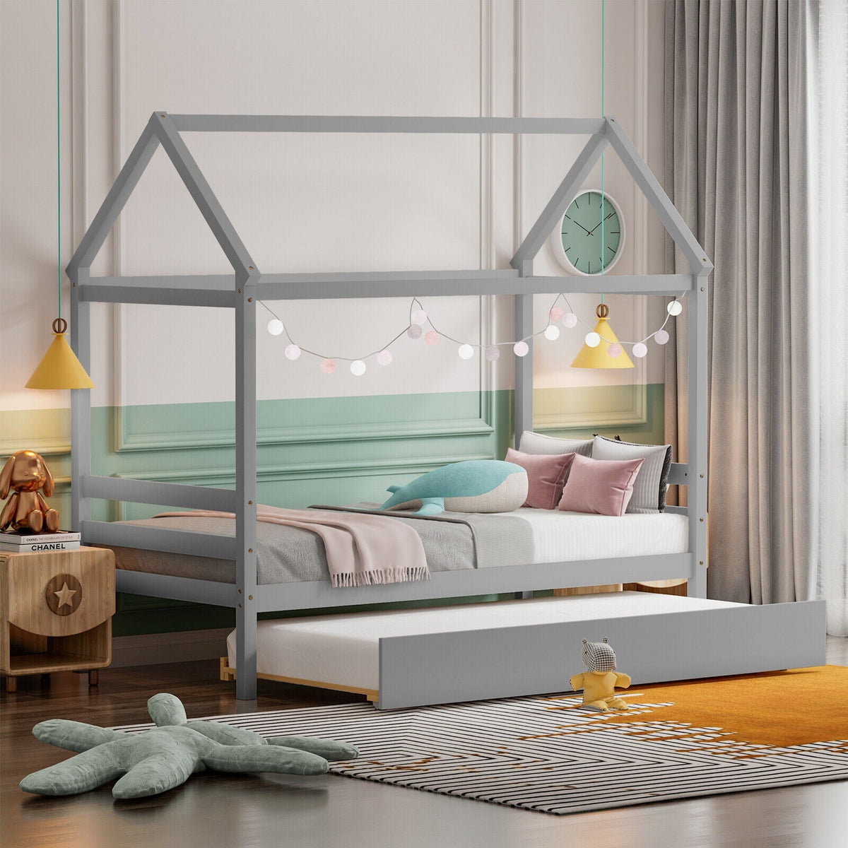 Kids Platform Bed Frame with Roof for Bedroom-Trundle Bed Frame-DECOROLALA
