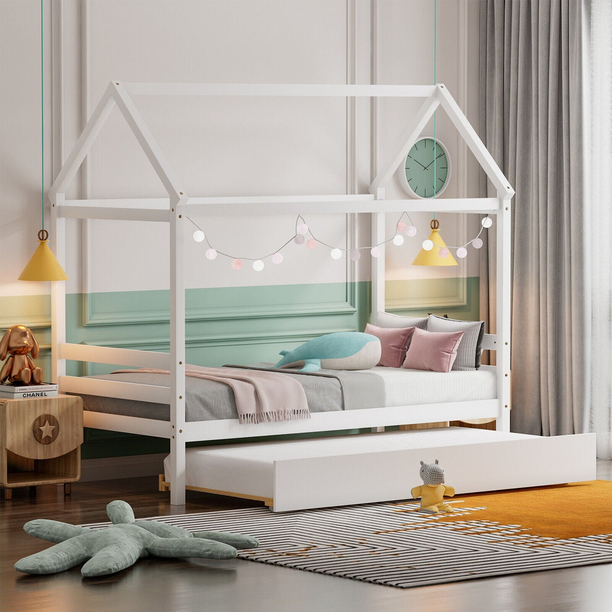 Kids Platform Bed Frame with Roof for Bedroom-Trundle Bed Frame-DECOROLALA