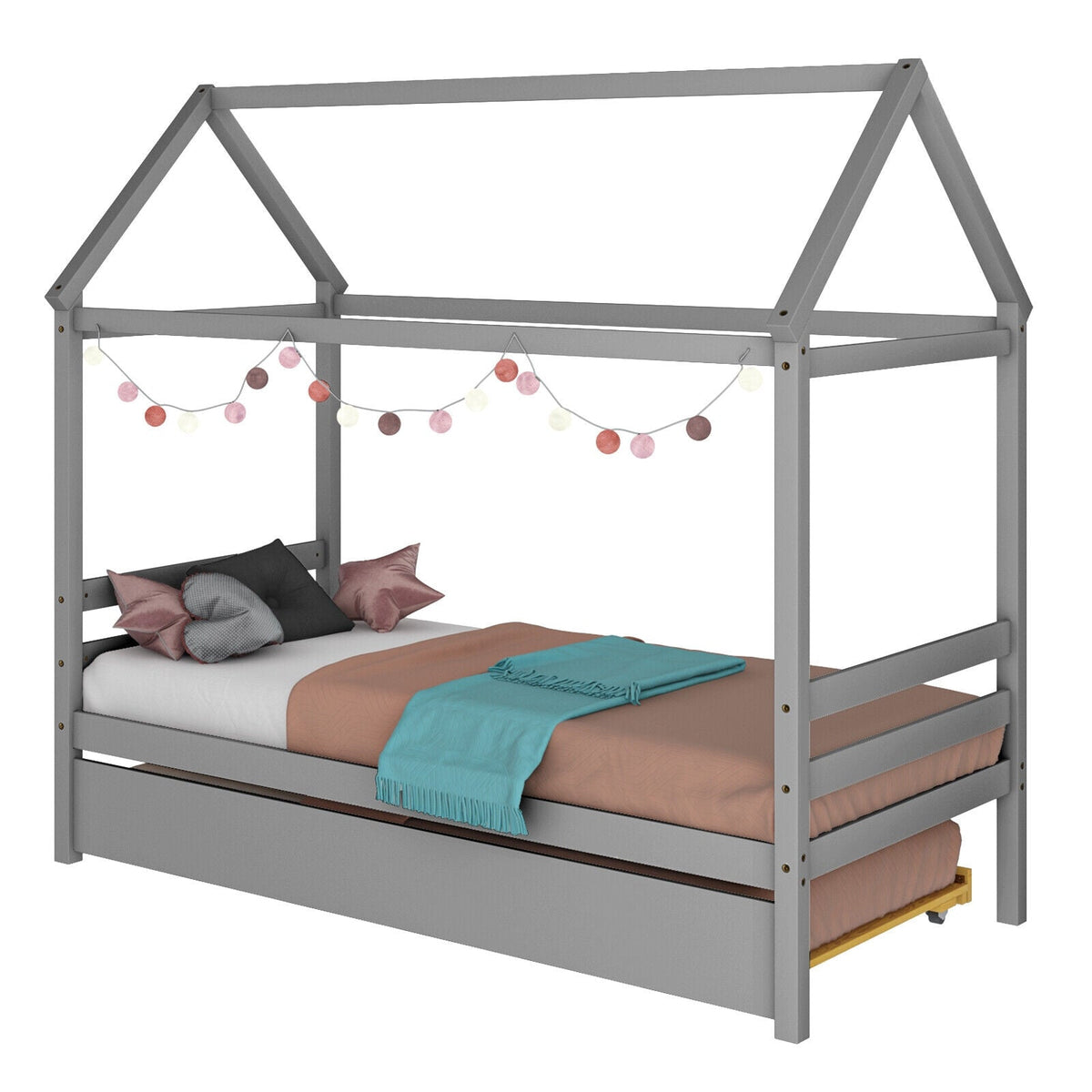 Kids Platform Bed Frame with Roof for Bedroom-Trundle Bed Frame-DECOROLALA