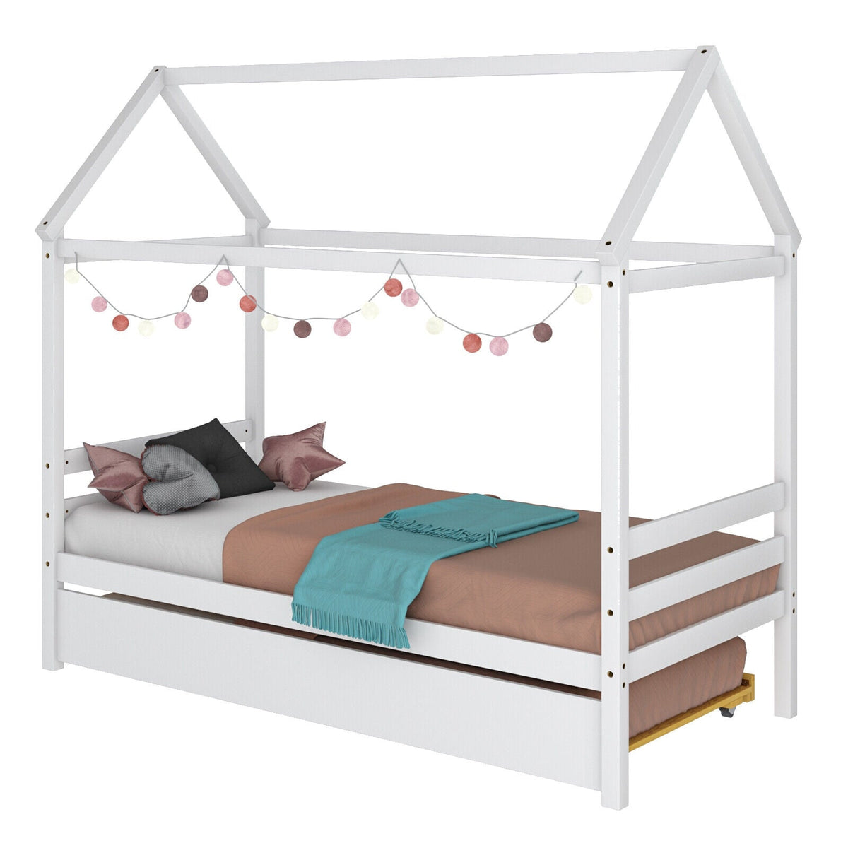 Kids Platform Bed Frame with Roof for Bedroom-Trundle Bed Frame-DECOROLALA