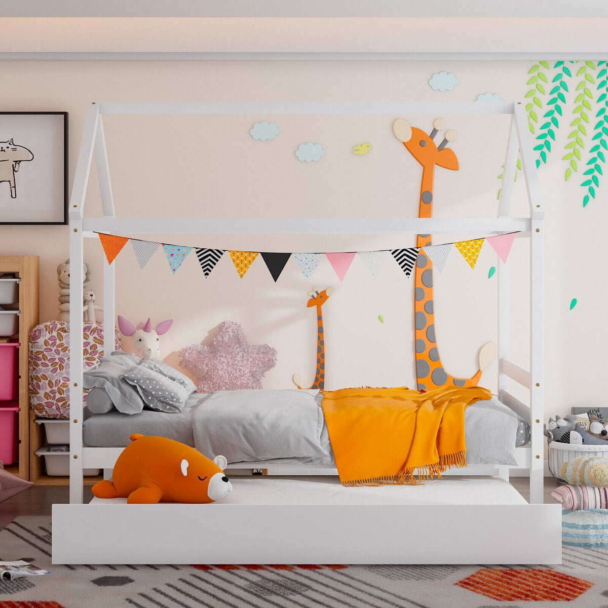 Kids Platform Bed Frame with Roof for Bedroom-Trundle Bed Frame-DECOROLALA