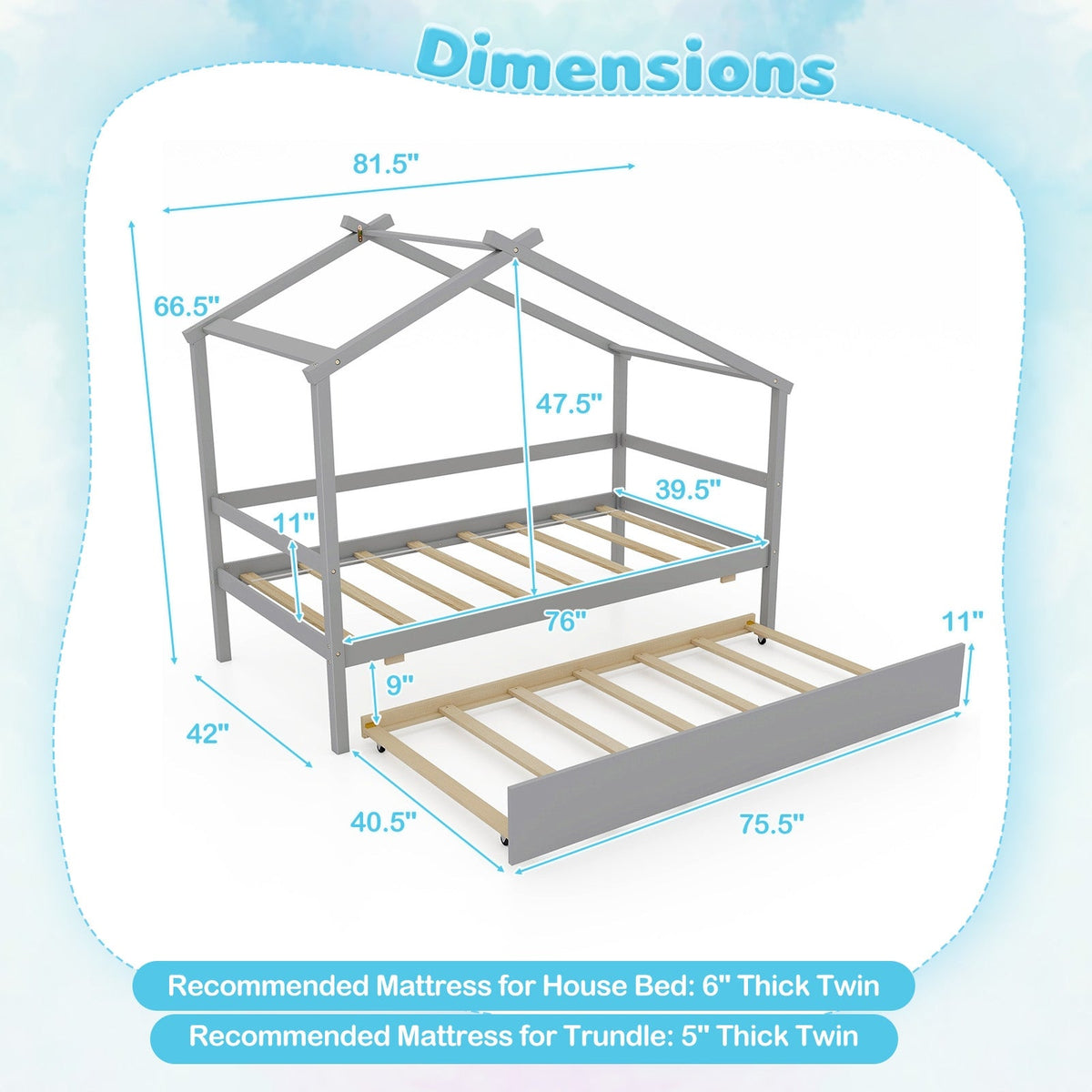 Kids Twin Size House Bed with Trundle and Roof-Trundle Bed Frame-DECOROLALA