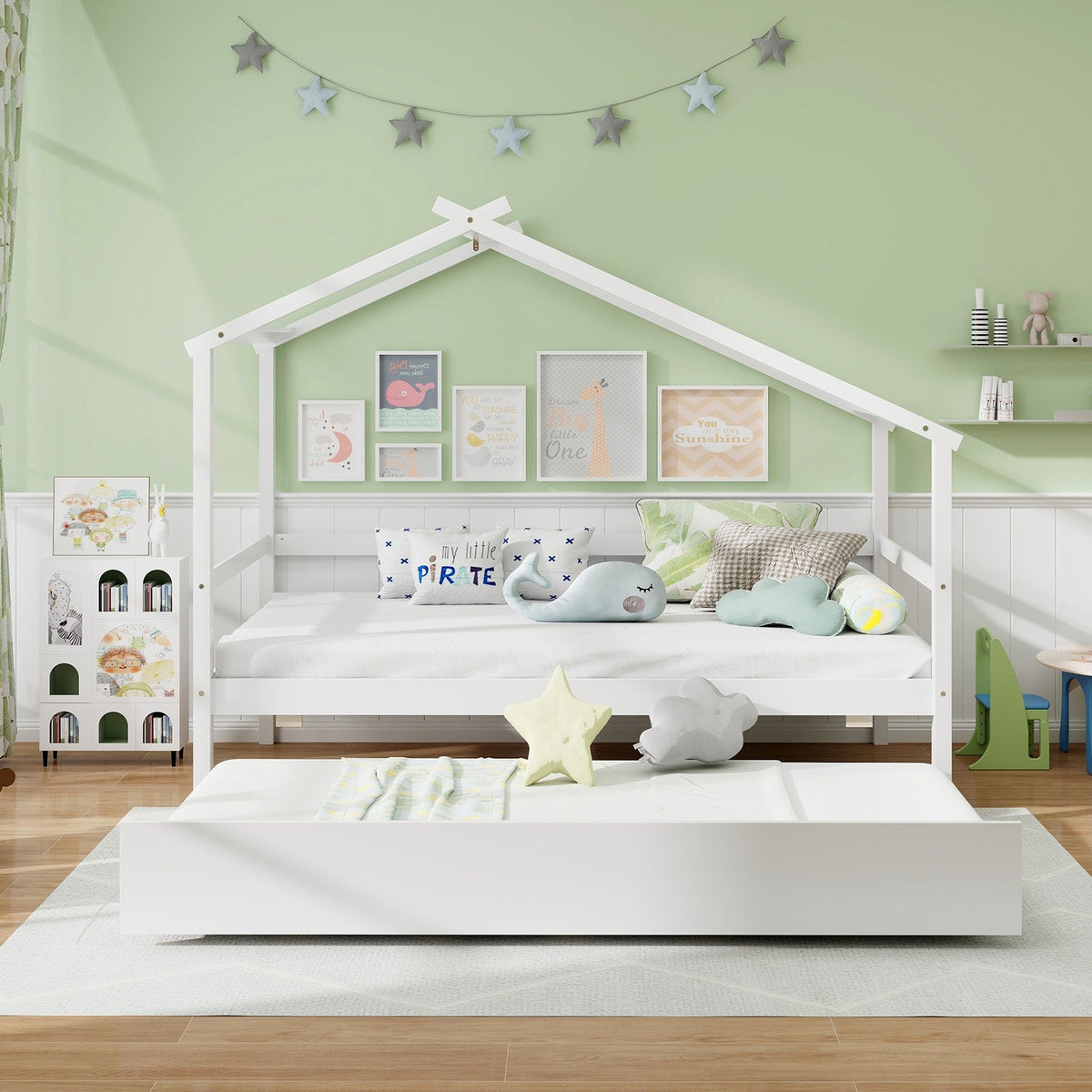 Kids Twin Size House Bed with Trundle and Roof-Trundle Bed Frame-DECOROLALA