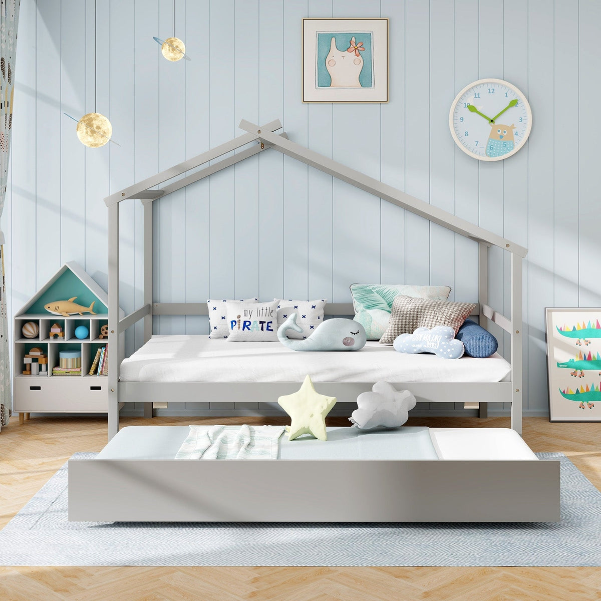 Kids Twin Size House Bed with Trundle and Roof-Trundle Bed Frame-DECOROLALA