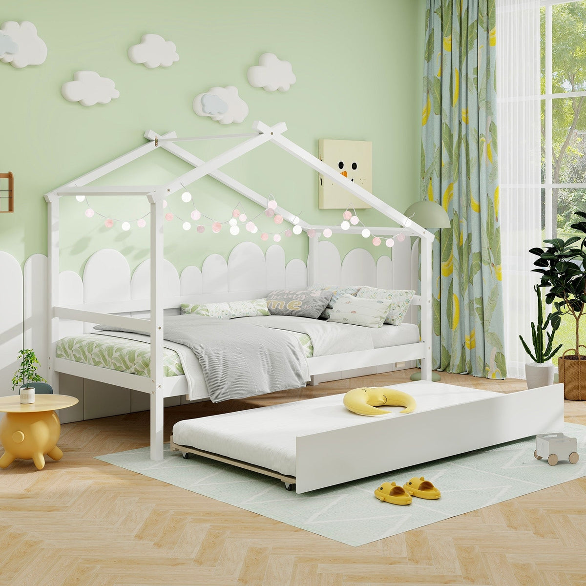 Kids Twin Size House Bed with Trundle and Roof-Trundle Bed Frame-DECOROLALA