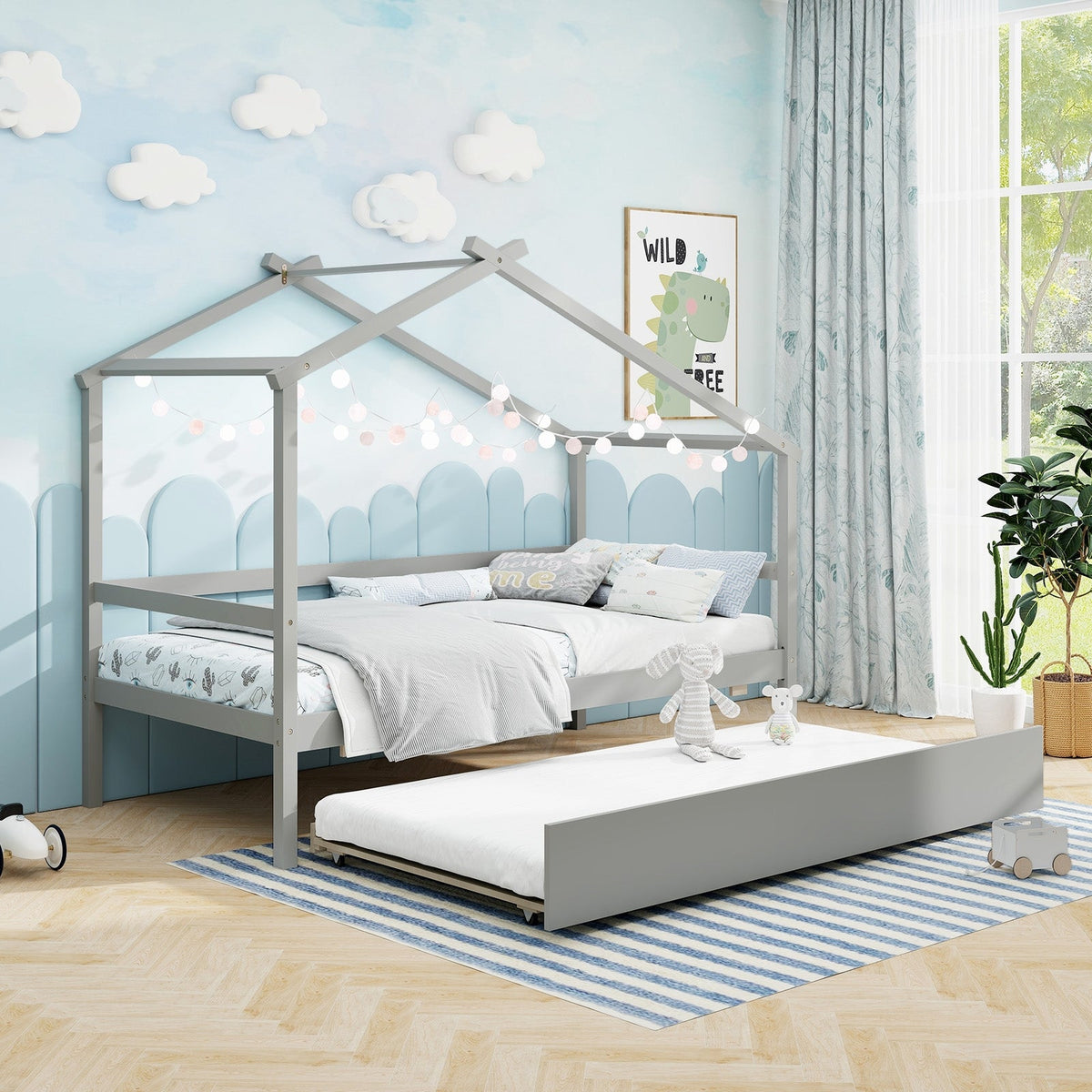 Kids Twin Size House Bed with Trundle and Roof-Trundle Bed Frame-DECOROLALA