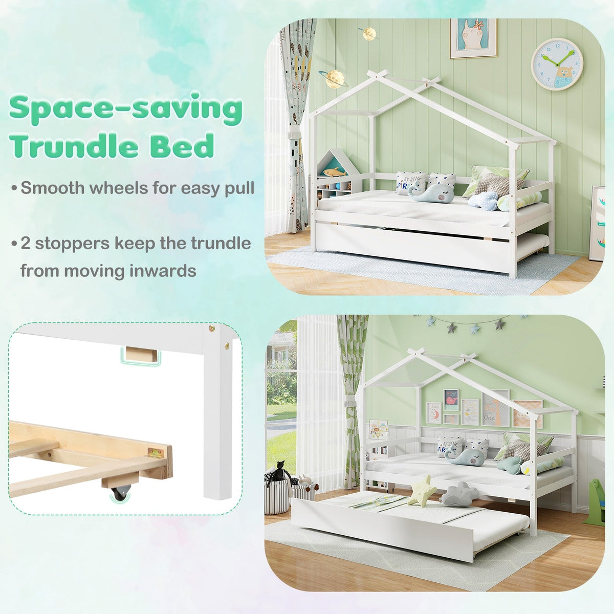 Kids Twin Size House Bed with Trundle and Roof-Trundle Bed Frame-DECOROLALA