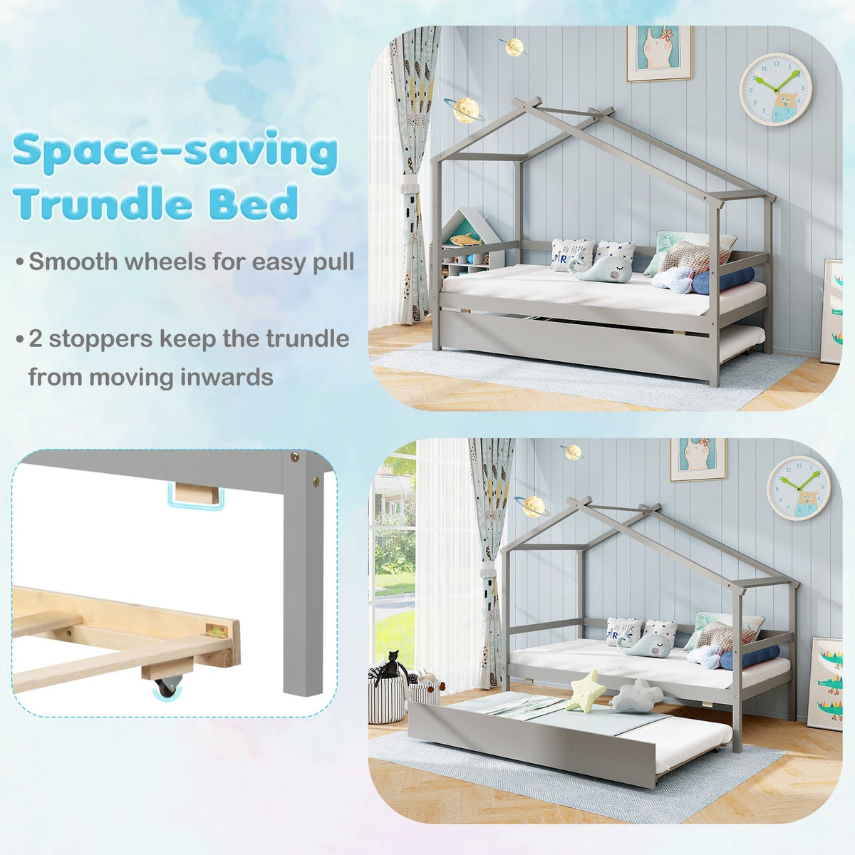 Kids Twin Size House Bed with Trundle and Roof-Trundle Bed Frame-DECOROLALA