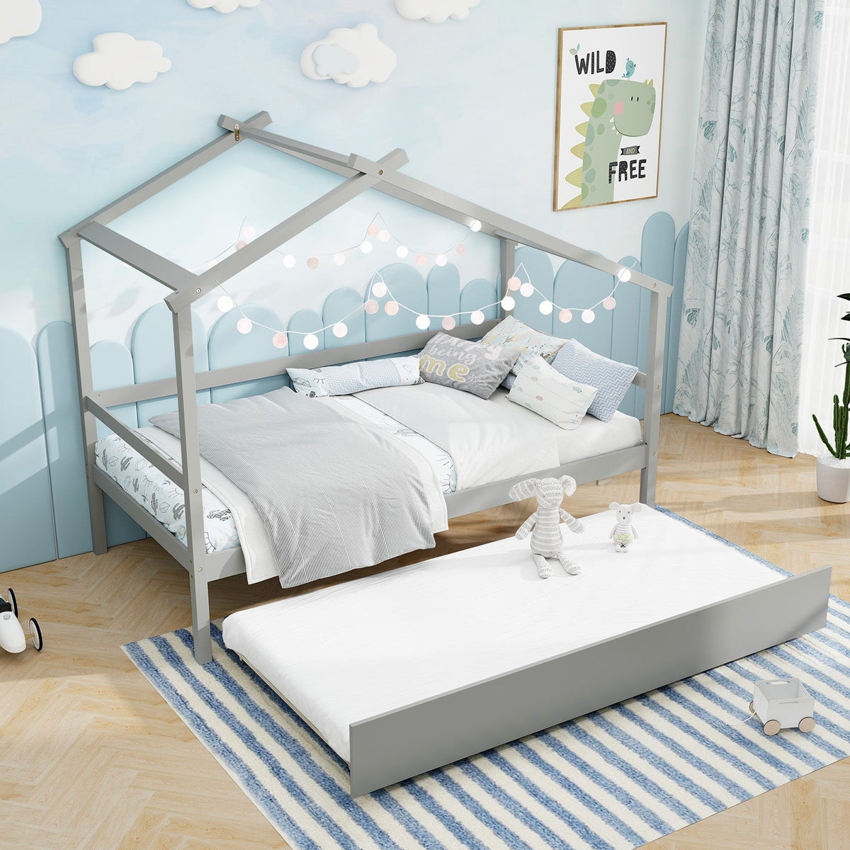 Kids Twin Size House Bed with Trundle and Roof-Trundle Bed Frame-DECOROLALA
