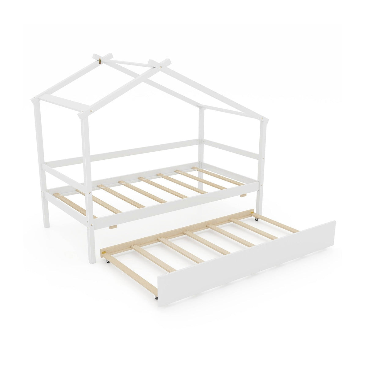 Kids Twin Size House Bed with Trundle and Roof-Trundle Bed Frame-DECOROLALA