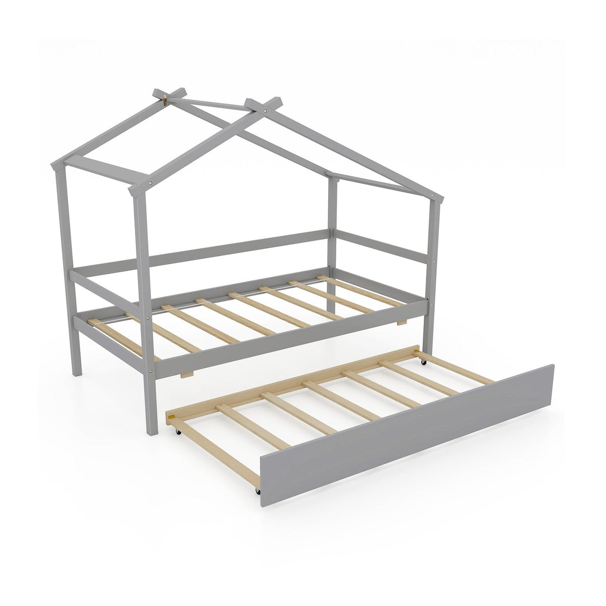 Kids Twin Size House Bed with Trundle and Roof-Trundle Bed Frame-DECOROLALA