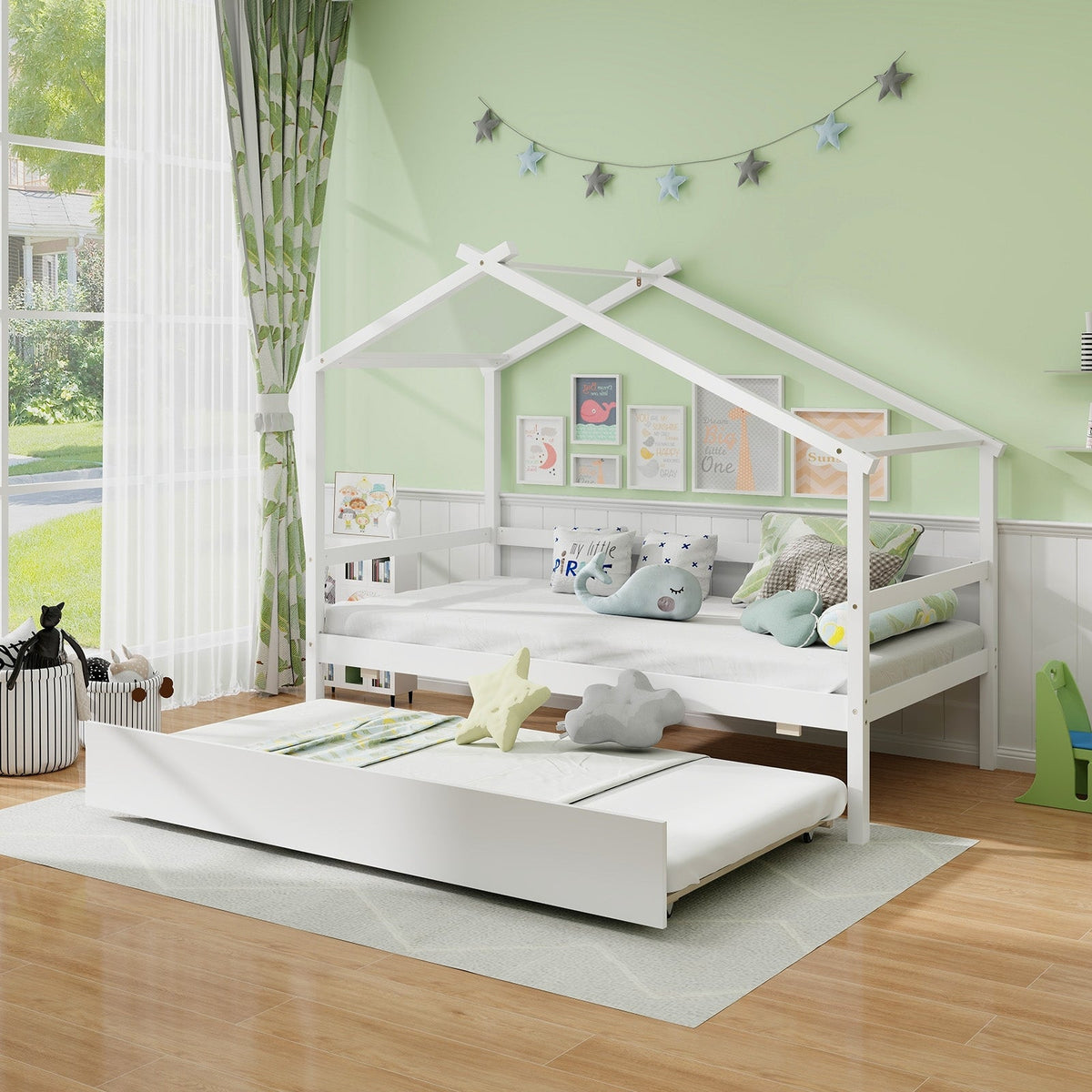 Kids Twin Size House Bed with Trundle and Roof-Trundle Bed Frame-DECOROLALA