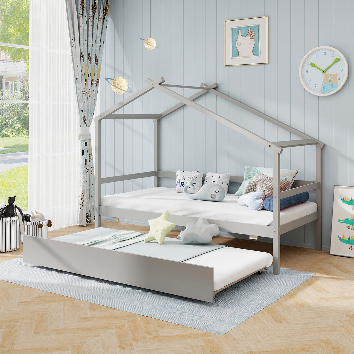 Kids Twin Size House Bed with Trundle and Roof-Trundle Bed Frame-DECOROLALA