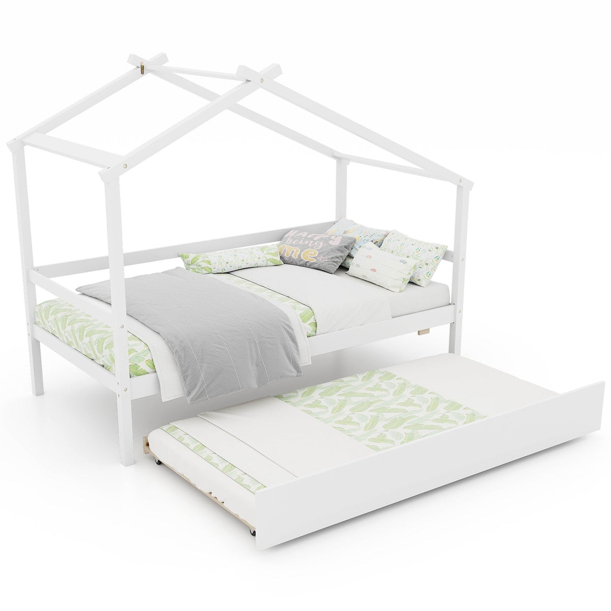 Kids Twin Size House Bed with Trundle and Roof-Trundle Bed Frame-DECOROLALA