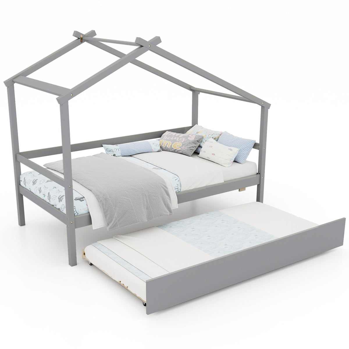 Kids Twin Size House Bed with Trundle and Roof-Trundle Bed Frame-DECOROLALA