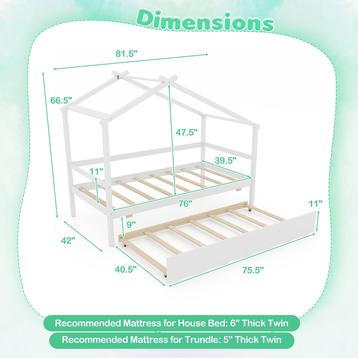 Kids Twin Size House Bed with Trundle and Roof-Trundle Bed Frame-DECOROLALA