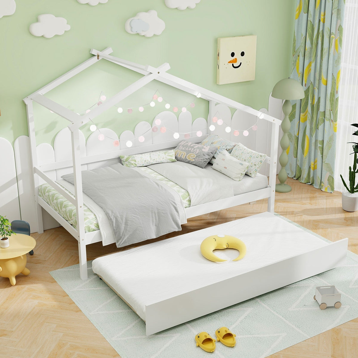 Kids Twin Size House Bed with Trundle and Roof-Trundle Bed Frame-DECOROLALA