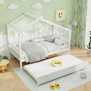 Kids Twin Size House Bed with Trundle and Roof-Trundle Bed Frame-DECOROLALA